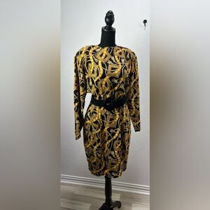 VTG‎ Jones New York Women’s Black Gold Midi Dress Long Sleeve Shoulder Pads Sz 4